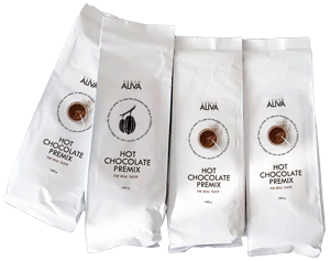 CHOCO ALIVA White packages of hot chocolate premix