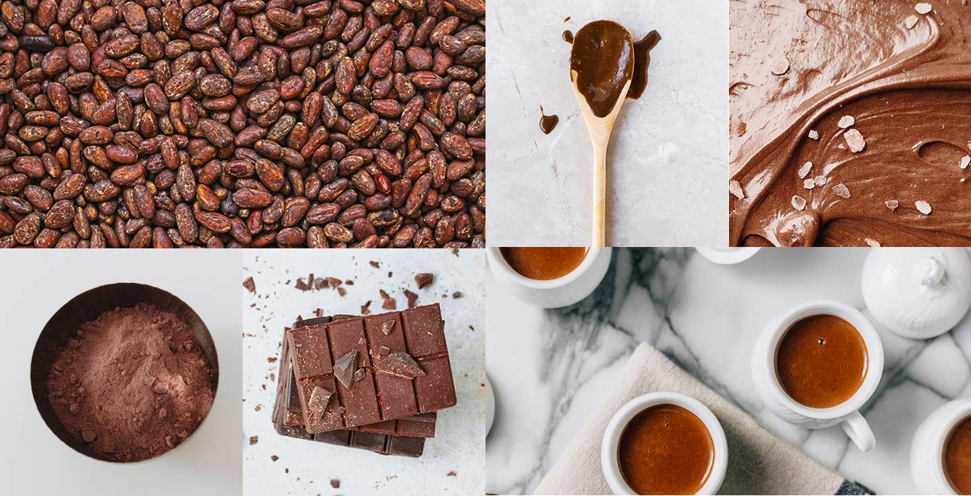 Collage with cacao bean products and hot chocolate